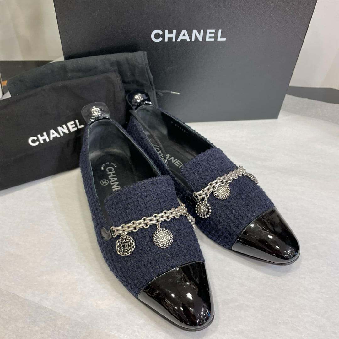 CHANEL Black Tweed Gold Coin Charm Loafers Size 36 1/2